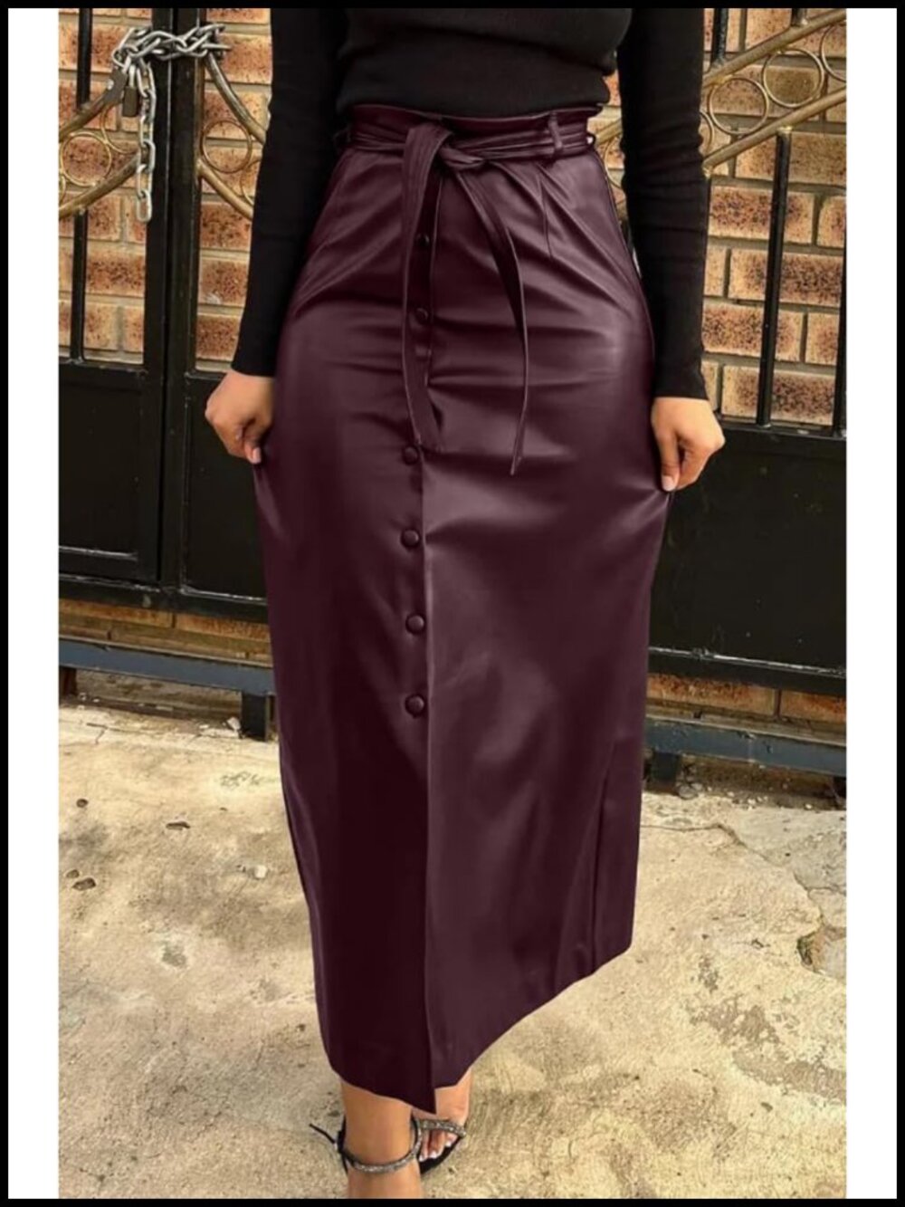Women Faux PU Leather High Waisted Button Down Maxi Pencil Skirt with Belt - Picture 2 of 3